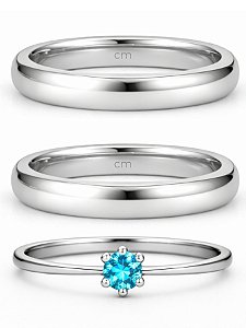 Par de Aliança Julieta 3mm + Solitário Azul - Aço Inox
