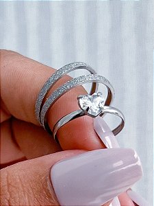 Par de Aliança diamantada 2mm + Solitário Love - Aço Inox