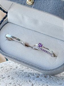 Par de aliança Polônia com pedra Roxa + Solitário Roxo - Prata 950