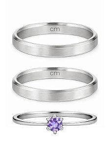 Par de Aliança Chanfrada + Solitário Roxo - Aço Inox