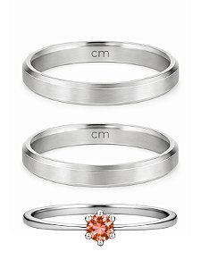 Par de Aliança Chanfrada + Solitário Vermelho - Aço Inox