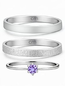 Par de Aliança Snow 2mm + Solitário Roxo - Aço Inox