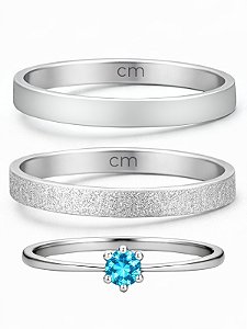 Par de Aliança Snow 2mm + Solitário Azul - Aço Inox