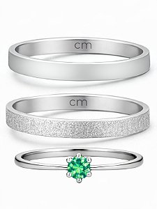 Par de Aliança Snow 2mm + Solitário Verde - Aço Inox