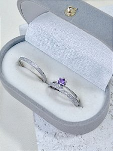Par de Aliança diamantada 2mm + Solitário Roxo - Aço Inox