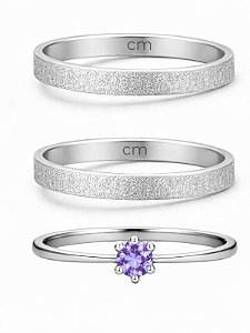 Par de Aliança diamantada 2mm + Solitário Roxo - Aço Inox