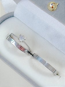 Par de Aliança Holanda 3mm + Solitário Cristal - Aço Inox