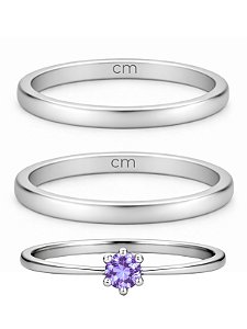 Par de Alianças Julieta 2mm + Solitário Roxo - Aço inox