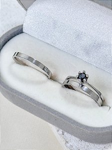 Par de Aliança Holanda 2mm + Solitário Preto - Aço Inox