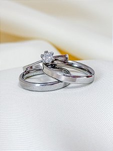Par de Aliança Chanfrada + Solitário Cristal - Aço Inox