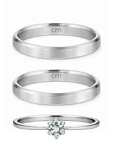 Par de Aliança Chanfrada + Solitário Cristal - Aço Inox