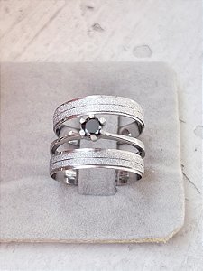 Par de Aliança Diamantada + Solitário Preto - Aço Inox
