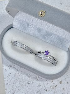 Par de Aliança Diamantada + Solitário Roxo - Aço Inox