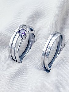 Par de Aliança friso + Solitário Roxo - Aço Inox