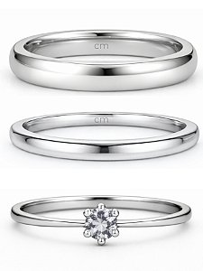 Par de Aliança Julieta 2mm e 3mm + Solitário Cristal - Aço Inox