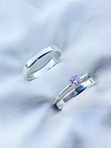 Par de Aliança Chanfrada + Solitário Rosa - Prata 950