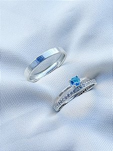 Par de aliança Polônia com pedra 3mm + Solitário Azul - Prata 950