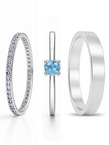 Par de aliança Polônia com pedra 3mm + Solitário Azul - Prata 950