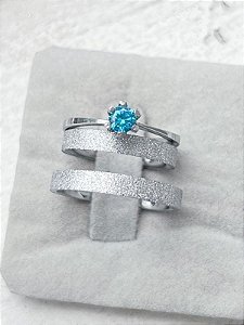 Par de Aliança diamantada 3mm + Solitário Azul - Aço Inox