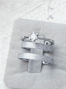 Par de Aliança diamantada 3mm + Solitário Cristal - Aço Inox