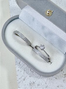 Par de Aliança diamantada 3mm + Solitário Cristal - Aço Inox