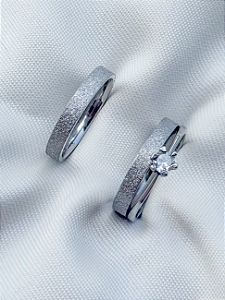 Par de Aliança diamantada 3mm + Solitário Cristal - Aço Inox