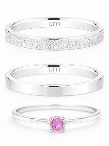 Par de Aliança Snow White 2mm + Solitário Rosa - Prata 950