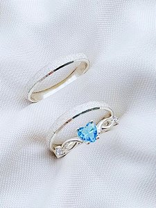 Par de aliança diamantada + Solitário Love Azul Claro - Prata 950