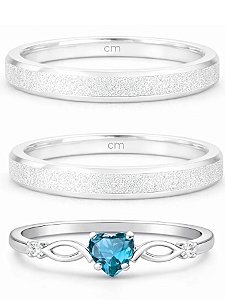 Par de aliança diamantada + Solitário Love Azul Claro - Prata 950