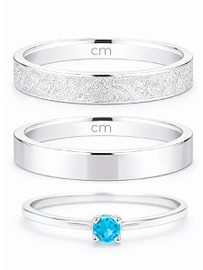 Par de Aliança Snow 3mm reto + Solitário azul Claro - Prata 950