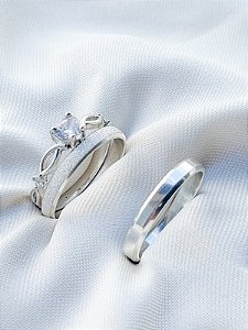 Par de Aliança Snow + Solitário Love - Prata 950