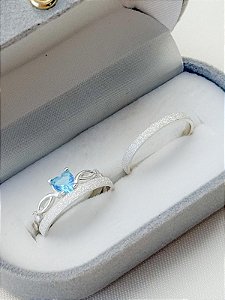 Par de Aliança Diamantada 2mm + Solitário Love Azul - Prata 950