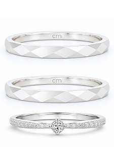 Par de Aliança Geométrica 2mm + Solitário Cinderela - Prata 950