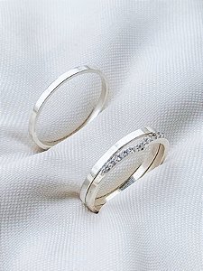 Par de Aliança Holanda 1,5mm + Solitário Cravejado V - Prata 950
