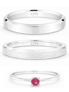 Par de Aliança Snow White 3mm Diamantado + Solitário Encanto Rosa escuro - Prata 950