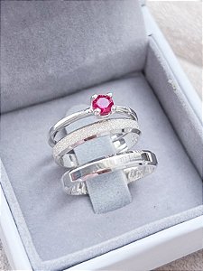 Par de Aliança Snow White 3mm Diamantado + Solitário Encanto Rosa escuro - Prata 950