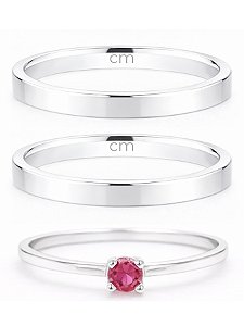 Par de Aliança Holanda 2mm + Solitário Encanto Rosa Escuro- Prata 950