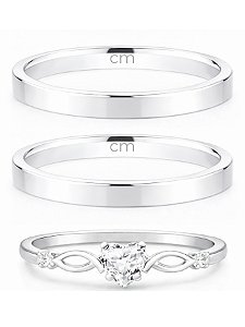 Par de Aliança Holanda 2mm + Solitário Love Cristal - Prata 950