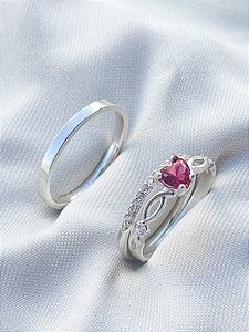 Par de Aliança Polonia Com pedra + Solitário Love rosa - Prata 950