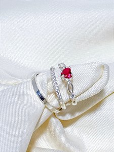 Par de Aliança Stace Com pedra + Solitário Love rosa - Prata 950