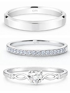 Par de Aliança França Cristal com pedra + Solitário Love - Prata 950