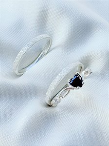 Par de Aliança Diamantada 2mm + Solitário Love Preto - Prata 950