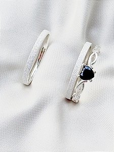 Par de Aliança Diamantada 2mm + Solitário Love Preto - Prata 950