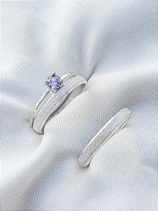 Par de Aliança Diamantada + Solitário Roxo - Prata 950