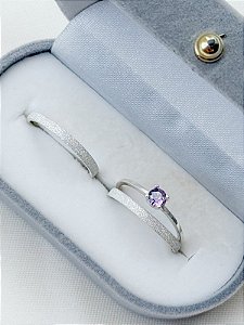 Par de Aliança Diamantada 2mm + Solitário Roxo - Prata 950