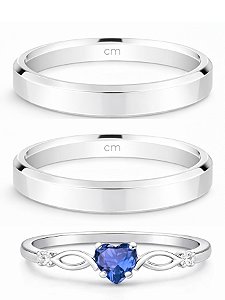 Par de Aliança Chanfrada + Solitário Love Azul Royal - Prata 950