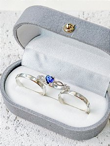 Par de Aliança Chanfrada + Solitário Love Azul Royal - Prata 950