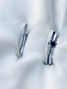 Par de Aliança diamantada 2mm + solitário Preto - Aço Inox