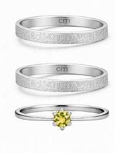 Par de Aliança diamantada 2mm + solitário Amarelo - Aço Inox