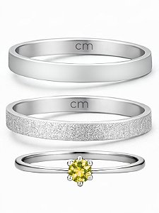 Par de Aliança Snow 2mm + Solitário Amarelo - Aço Inox